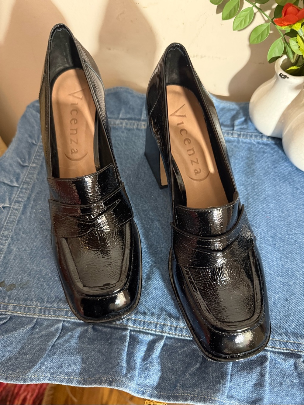 Vicenzo Vernice Show Preto Platform Penny Loafers Size 38